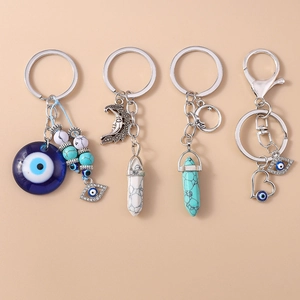 Vintage Evil Eye Moon Heart Hexagonal Column Keychain Zinc Alloy Rhinestone Synthetic Stone Turquoise White Beads Pendant Jewelry Accessory