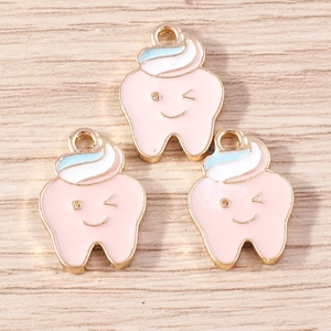Pink cartoon tooth pendants in alloy with gold trim for DIY jewelry making 10pcs pack