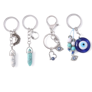 Vintage turquoise moon and hexagonal crystal keychain set with evil eye charms