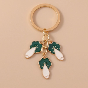 Gros plan d'un porte-clés doré avec pendentifs chou en émail vert et blanc porte-bonheur
