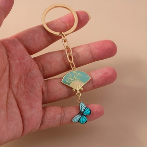 Traditional Chinese style folding fan and blue butterfly pendant keychain in gold finish