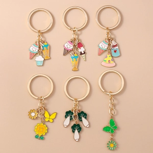 Porte-Clés en Alliage Cartoon Nourriture Fleur Émail Tournesol Glace Papillon Chou Pendentif Anneau en Métal Cadeau Femme Fille