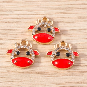 Cute cow head alloy charms with red enamel and rhinestones for DIY jewelry making
