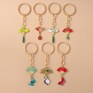 Chinese Style Panda Fan Butterfly Keychain Gold Alloy Enamel Bamboo Bag Pendant Lucky Traditional Accessory Gift Ornament