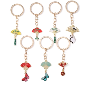 Chinese style plum blossom fan and panda charms metal keychain set with gold finish