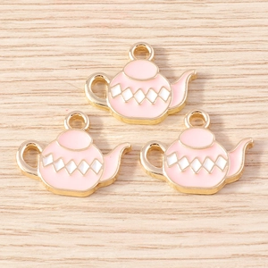 Pink teapot alloy pendants with white diamond pattern for creative DIY jewelry making
