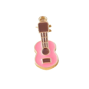 Pink enamel guitar charm pendant with gold plating for DIY jewelry making 10 pieces pack