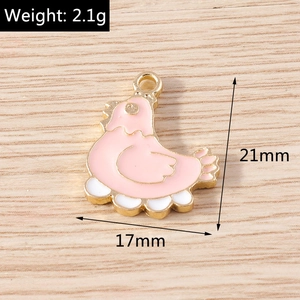 Detailed view of pink enamel hen charm with measurements 21mm x 17mm and 2.1g weight