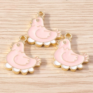 Cartoon hen enamel alloy pendants with golden plating and pink dripping oil finish