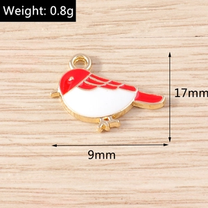 Detail view of 17mm red bird enamel pendant with weight and size dimensions