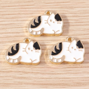 Cute cartoon cat charms for DIY jewelry made of gold alloy and white black enamel