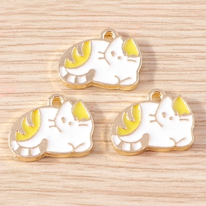 Cute white and yellow enamel cat alloy charms for DIY jewelry making accessories set