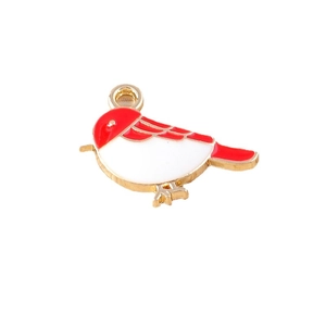 Cartoon bird pendant in red and white enamel with golden metal frame for DIY jewelry making