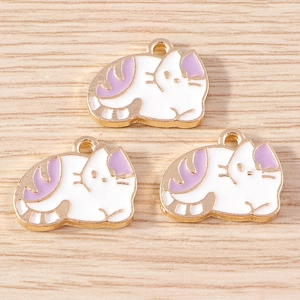 Three cute sleeping cat enamel alloy charms in white and purple for DIY jewelry making