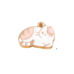 Pack of 10 cute sleeping cat enamel charms in white and pink alloy for DIY jewelry making
