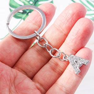 Letter A keychain with sparkling white rhinestones on silver metal ring and chain