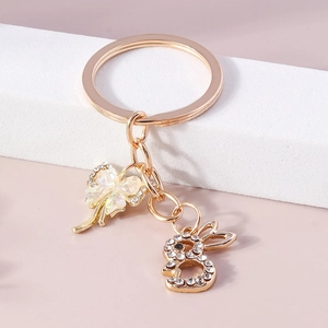 Fashion Gold Plated Metal Keychain With Rhinestone Bunny Rabbit And Butterfly Bowknot Pendants Cute Animal Keyring For Bag