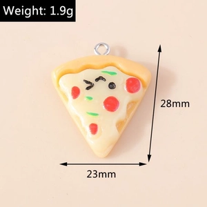 Detailed view of cartoon pizza charm showing 28x23mm dimensions and 1.9g weight