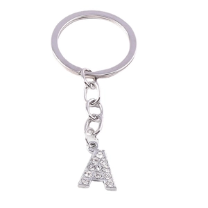 Silver A-letter keychain accessory with sparkling rhinestones on a minimalist metal ring