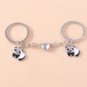 Creative Cute Panda Couple Magnet Heart Keychain Metal Zinc Alloy Enamel Animal Pendant Bag Hanging Jewelry Gift For Friends
