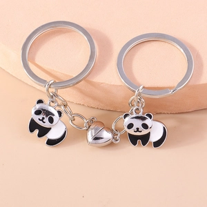 Creative magnetic panda couple keychains with split heart connector in silver metal