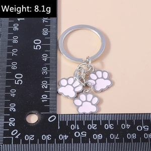 Vue détaillée de breloques de pattes en argent sur un porte-clés avec une règle