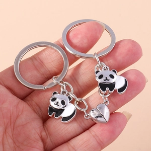 Creative panda couple magnetic heart keychains in silver metal for backpack decor