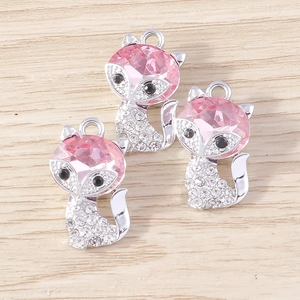 Pink crystal fox pendant with silver plating and rhinestones for DIY jewelry making
