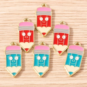 Set of six cute cartoon pencil enamel charms in red and blue for DIY jewelry making