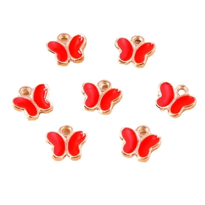 Set of 7 red enamel butterfly alloy charms with golden metal edges for DIY jewelry making