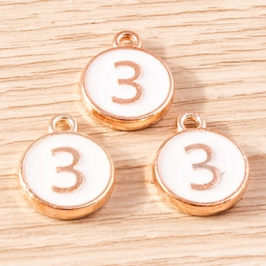 Rose gold round alloy pendants with number three and white enamel for DIY jewelry making