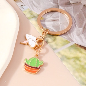 Cartoon cactus and white cloud keychain in rose gold metal alloy for DIY accessories