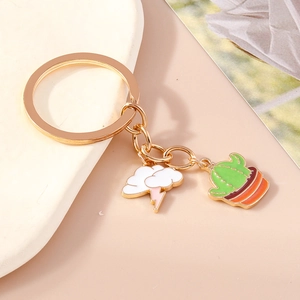 Cartoon cactus and cloud lightning enamel keychain with gold finish metal ring for bags