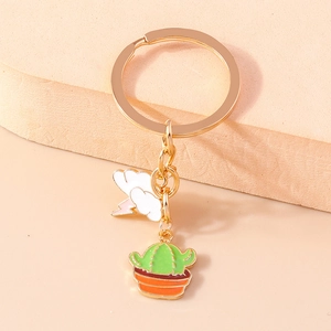 Cartoon cactus and cloud lightning keychain with gold metal ring and enamel charms