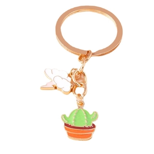 Cute cartoon cactus and lightning cloud enamel keychain accessory with gold ring