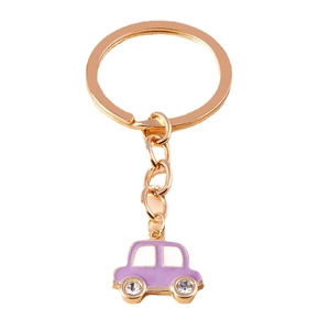 Porte-clés voiture violette de dessin animé avec cristaux et anneau en alliage doré