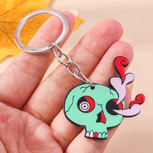 Porte-clés Crâne Vert de Dessin Animé Punk Gothique Pendentif en Alliage de Zinc Anneau de Clé Accessoires pour Fête d'Halloween