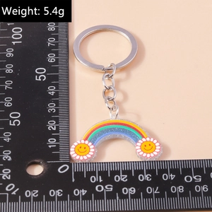 Dettaglio portachiavi arcobaleno con soli sorridenti su scala graduata per peso e dimensioni