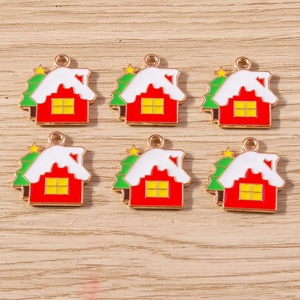Detailed close-up of six Christmas house alloy charms with colorful drip oil finish