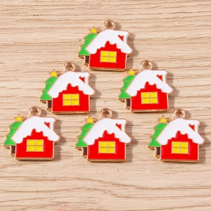 Set of 6 Christmas enamel house pendants with snow-capped roofs for DIY jewelry making