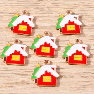 6-piece set of cartoon Christmas snow house alloy charms with colorful drip oil finish