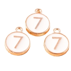 Set of three round number 7 charms in rose gold metal and white enamel for DIY jewelry