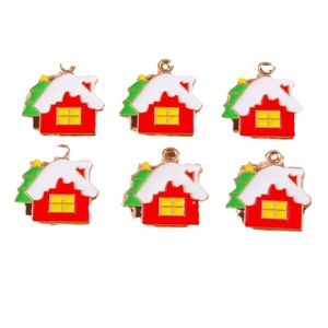 Set of 6 cartoon Christmas house and tree enamel charms for DIY jewelry making crafts