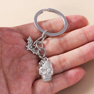 Vintage silver metal keychain with 3D skull and bat pendants for Halloween gift