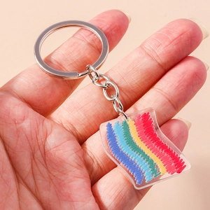 Dettaglio di un portachiavi in acrilico trasparente con motivo a zigzag arcobaleno