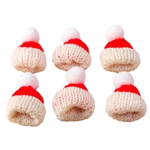 Set of 6 mini red and white knitted Christmas hats with pom-poms for DIY crafts and decor