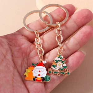 Cartoon Enamel Christmas Keychain Set Santa Claus Christmas Tree Pendant Festive Metal Key Ring For Holiday Gift Bag Decoration