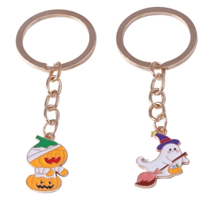Halloween keychain set featuring cartoon ghost and pumpkin mummy designs in zinc alloy