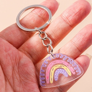 Dettaglio del portachiavi arcobaleno in acrilico con anello argentato e spirali viola
