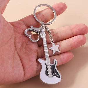 Cartoon electric guitar keychain with heart carabiner and star charm in silver metal